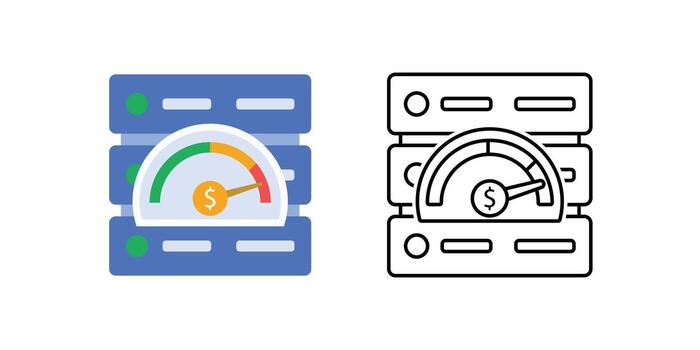 Server cost gauge icon featuring a half-circle gauge with a server and dollar indicator. Great for visualizing performance metrics, infrastructure budgeting, and data center optimization dashboards. vector