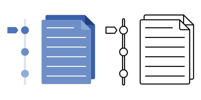 Change history stack icon featuring layered documents with a timeline bar beside them. Perfect for tracking file edits, project revisions, and document version management. vector