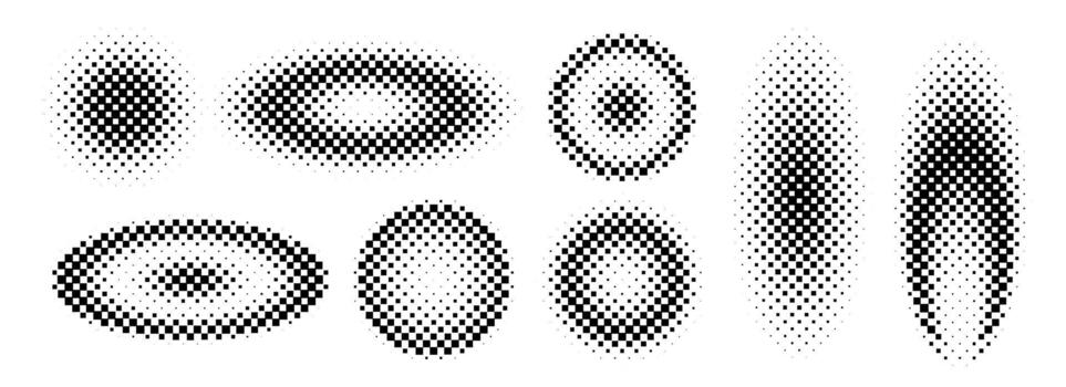 Halftone gradient collection. Dotted texture round and ellipse patterns. Comic faded circles and ovals background set. Pixel halfton element group for frame, poster, collage, banner, flyer vector