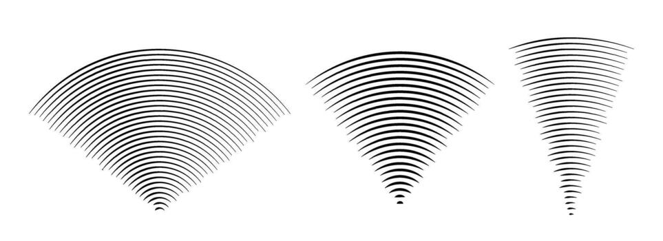 Line sound wave signal set. Radial radio and music audio icon collection. Rippled radar vibration element sign bundle. Black curved impulse linear pack. Echo soundwave symbols. vector
