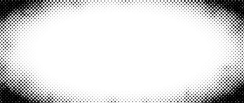 Halftone gradient texture. Fading radial dotted frame background. Grunge dot noise pattern wallpaper with zoom effect. Comic pop art border overlay. Cartoon grainy halfton patern backdrop. vector