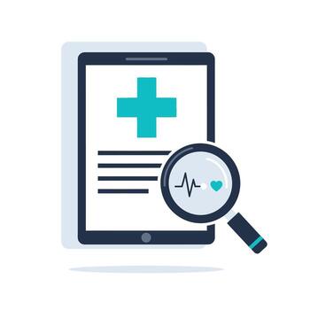 digital tableta mostrando un médico cruzar y paciente registro, con un aumentador vaso examinando un latido del corazón vector