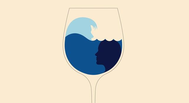 dos silueta cabezas sumergido en azul líquido dentro un vino vaso, representando introspección, emoción, y profundo pensamiento vector