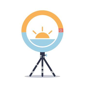 un moderno anillo ligero con ajustable brillo, montado en un trípode, diseñado para fotografía y videografía, fundición un calentar resplandor vector