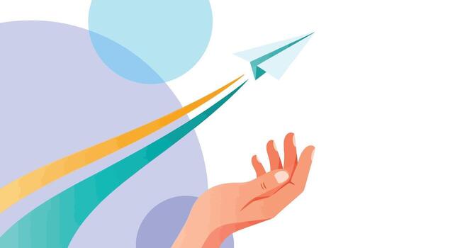 un mano liberando un papel avión ese moscas hacia arriba con vistoso caminos en contra un suave, resumen antecedentes vector