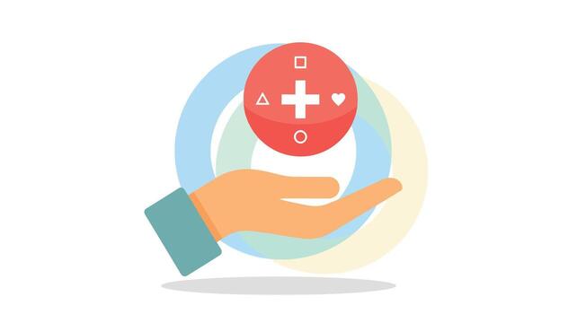 A hand holding a red sphere with a white cross and geometric shapes, symbolizing healthcare and support, set against a backdrop of abstract circles vector
