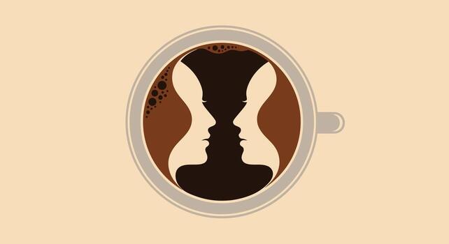 óptico espejismo de dos caras en perfil reunión en un café taza, simbolizando conexión y conversacion terminado un calentar bebida vector