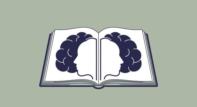 abierto libro con dos parecido a un cerebro perfiles frente a cada otro, simbolizando conocimiento y pensamiento vector