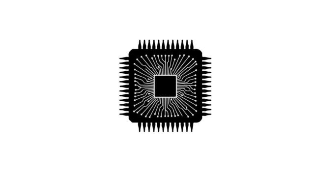 Isolated black and white illustration of a microchip with multiple pins on a white background vector
