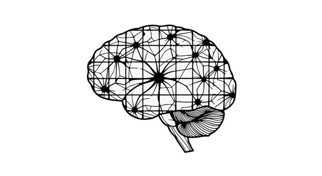 A stylized brain illustration with a grid pattern and neuron connections on a white background vector