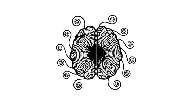 A brain illustration with circuit patterns and spiral connections on a white background design art vector