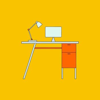 Minimalist desk with computer and lamp on yellow background vector