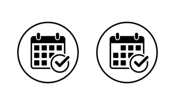 Confirmed calendar icon in circular outline. Event confirmation and date check mark symbol vector