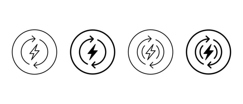 Energy cycle icon set in circular outline. Lightning bolt with circular arrow symbol vector