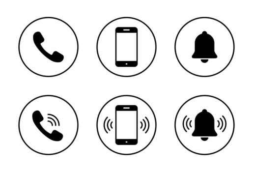 Call and notification icon in circular outline. Phone, smartphone, and alert bell symbol vector