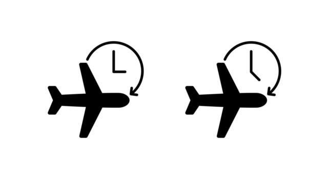 Airplane delay icon. Flight with clock and circular arrow symbol for schedule change vector