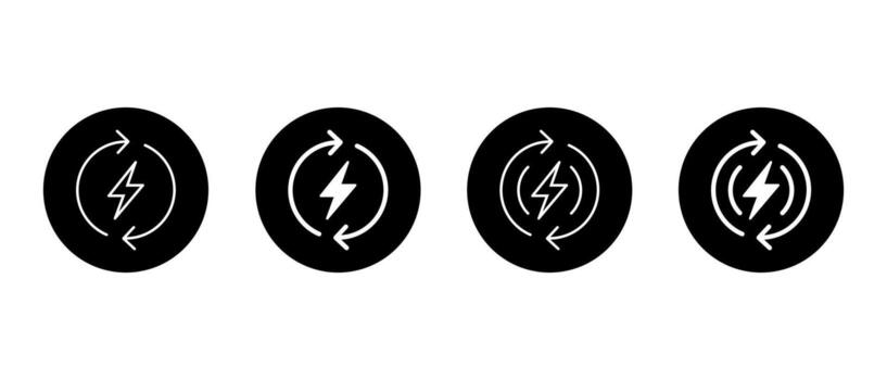 Energy cycle icon set in black circle. Lightning bolt with circular arrow symbol vector