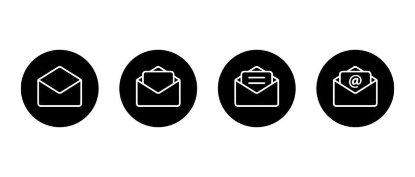 Email envelope line icon collection in black circle. Open mail with letter and mention symbol for message vector
