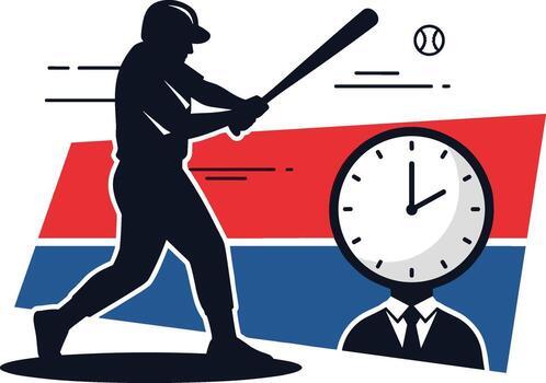 A baseball player is swinging a bat and a clock is in the background vector