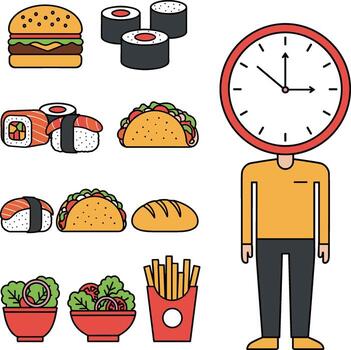 hombre es en pie en frente de un reloj y varios comida artículos vector