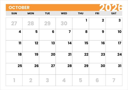 New Year 2026 Planner. Single Month Calendar for October. Simple Layout. October 2026 Modern Calendar Template. October 2026 Calendar. Sunday Start Format. Clean Typography. vector