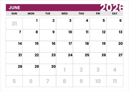 New Year 2026 Planner. Single Month Calendar for June. Simple Layout. June 2026 Modern Calendar Template. June 2026 Calendar. Sunday Start Format. Clean Typography. vector