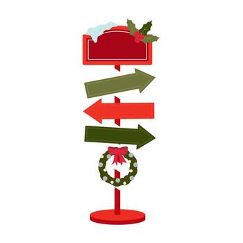 Rustic Christmas direction signs adorned with pine branches and red berries. Festive arrows guide the way through a snowy winter scene. vector