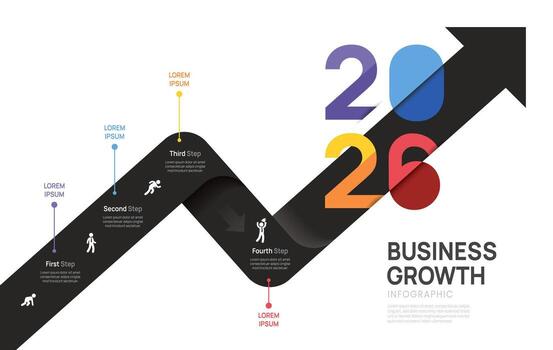Infographic business 2026 arrow infochart with icons and circle elements, 4 steps chart template for presentation. vector