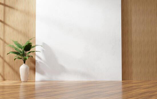 White wall and wooden wall empty space background with plant for architecture showing space 3d rendering photo