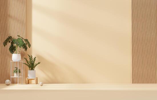 Brown and wood wall empty space background with plant for architecture showing space 3d rendering photo