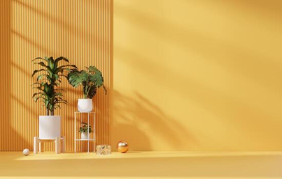 Yellow wall empty space background with plant for architecture showing space 3d rendering photo