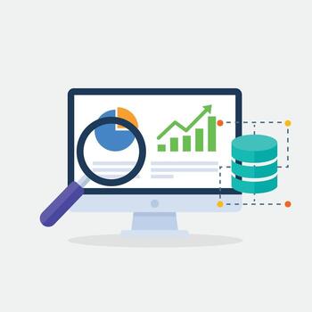 Pure Flat 2D Illustration of Data Analytics Dashboard with Computer Monitor and Database vector