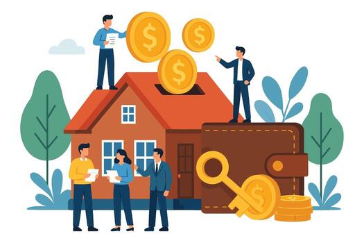 Flat illustration of real estate investment with people house coins wallet and key representing finance and property market vector