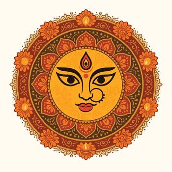 illustration of goddess Durga face with decorative mandala and floral ornament design for Durga Puja festival celebration vector