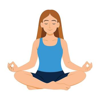 Flat illustration of young woman meditating in lotus position practicing relaxation yoga and mindfulness vector