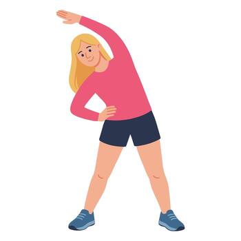 Flat illustration of young woman doing side stretch exercise for fitness health and warm up vector