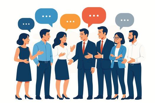 Flat illustration of business people talking and communicating with speech bubbles representing discussion teamwork and collaboration vector