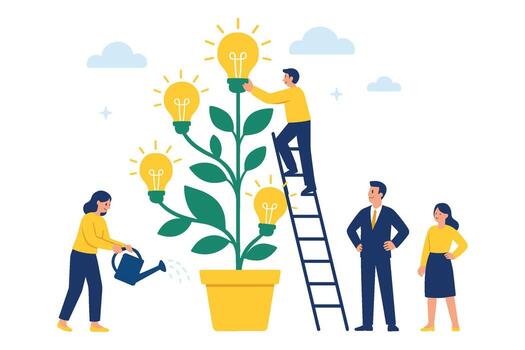 Flat illustration of creative innovation growth with people watering plant growing light bulbs symbolizing ideas and teamwork vector