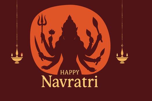 illustration of goddess Durga silhouette with traditional weapons and oil lamps for Navratri festival celebration design vector