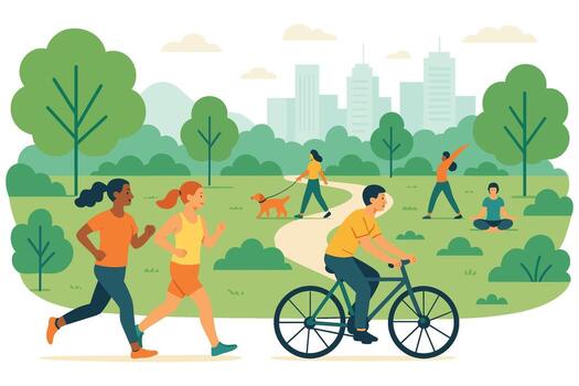 Flat illustration of people doing outdoor activities in green city park with jogging cycling yoga walking and relaxing vector
