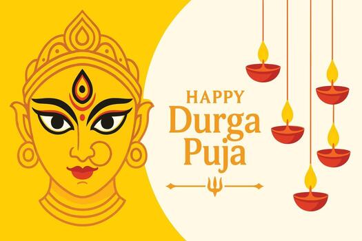 Durga goddess face illustration with crown earrings nose ring and hanging oil lamps in festive artwork for puja celebration vector