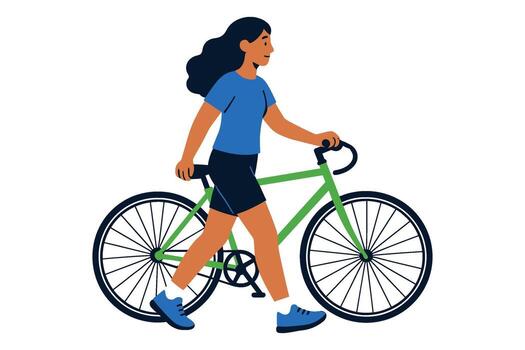 Flat illustration of woman with bicycle representing healthy lifestyle outdoor fitness and cycling activity vector