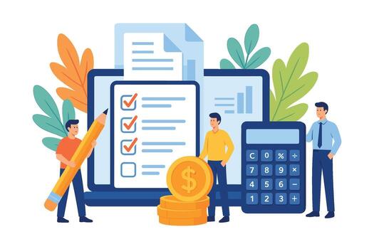 Flat illustration of digital finance management with checklist coins calculator documents and teamwork vector