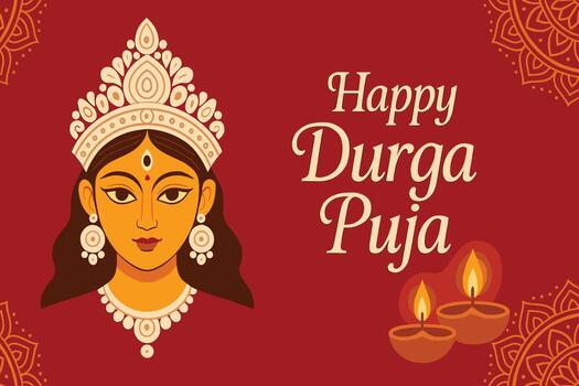 Durga goddess face illustration with crown jewelry and oil lamps in festive artwork for puja celebration vector