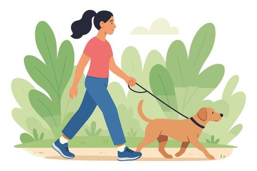 Flat illustration of young woman walking dog on leash in outdoor park representing pet care activity and healthy lifestyle vector