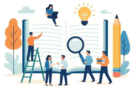 Flat illustration of interactive knowledge learning with open book magnifying glass light bulb and teamwork education concept vector
