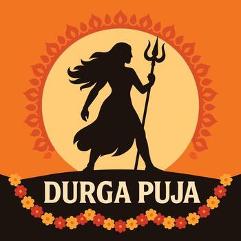 illustration of goddess Durga silhouette holding trident with sun background and Durga Puja festival design vector
