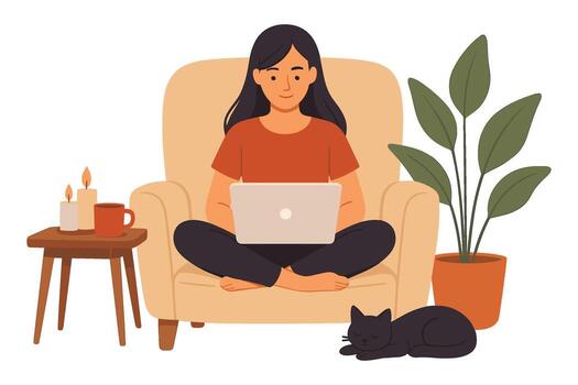 Flat illustration of woman sitting on armchair with laptop coffee candles and cat relaxing and working from home vector