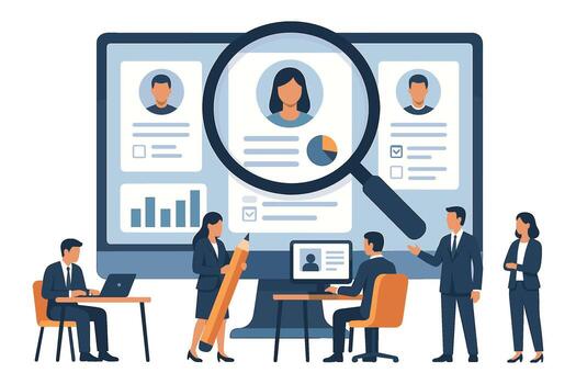 Flat illustration of recruitment and human resources with people analyzing resumes on computer screen with magnifying glass vector