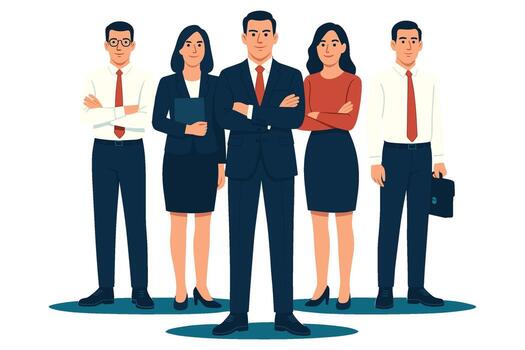 Flat illustration of confident corporate business team standing together representing leadership teamwork and professionalism vector